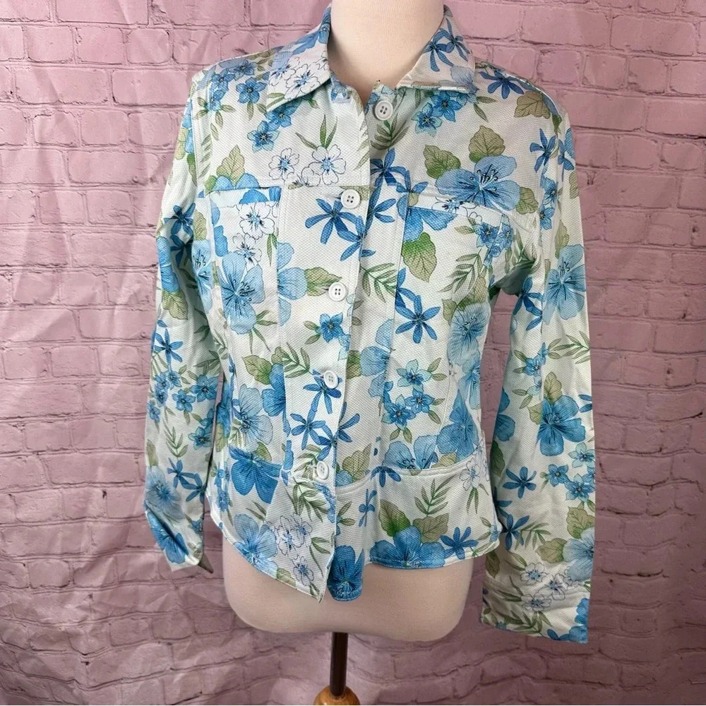 lemon grass blue floral blazer jacket sz medium cotton blend stretch boho